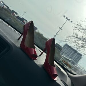 Stuart Weitzman Red Patent Peep-Toe Heels
